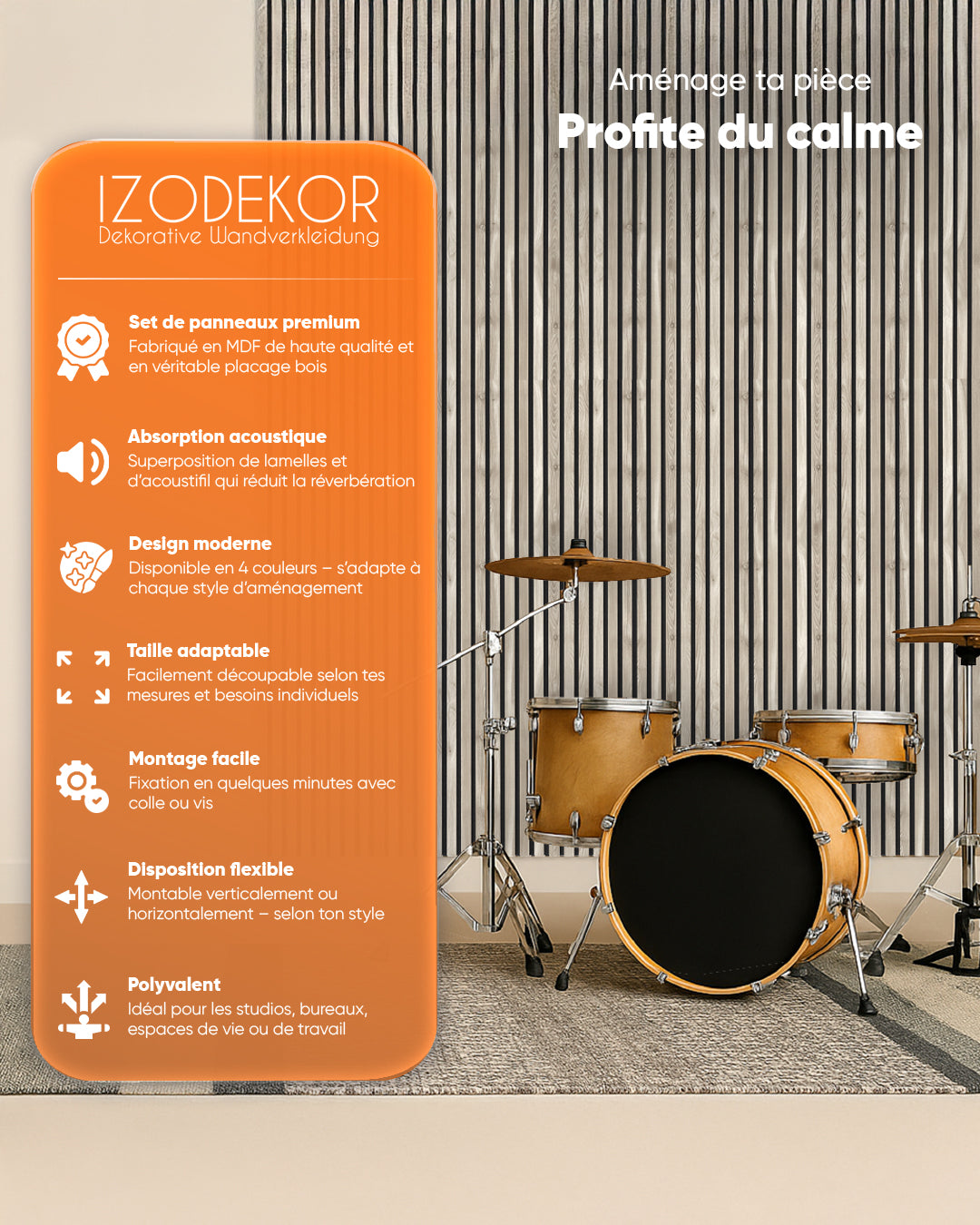 Panneau mural acoustique en bois lot de 2 – Sand Grey