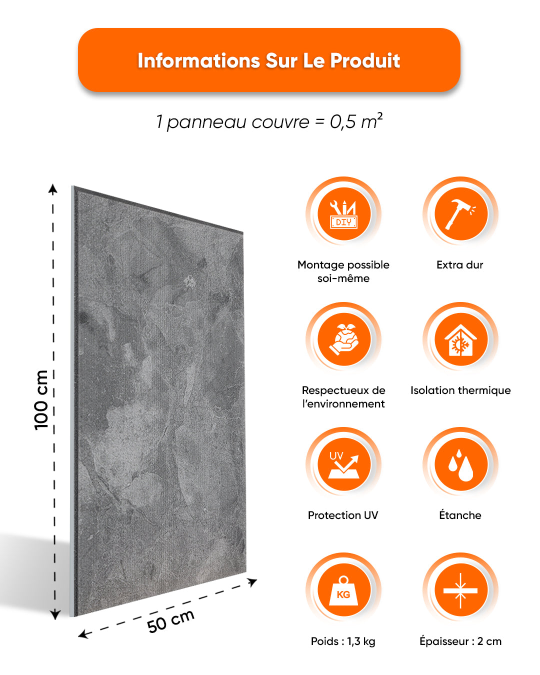 Revêtement mural effet béton 50×100×2 cm | Panneaux muraux 3D en polystyrène | Storm Grey Concrete AT-04