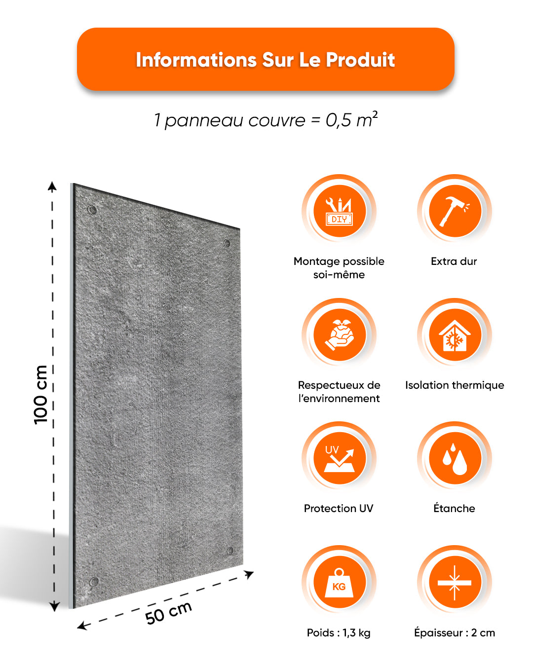 Revêtement mural effet béton 50×100×2 cm | Panneaux muraux 3D en polystyrène | Dark Concrete AT-17