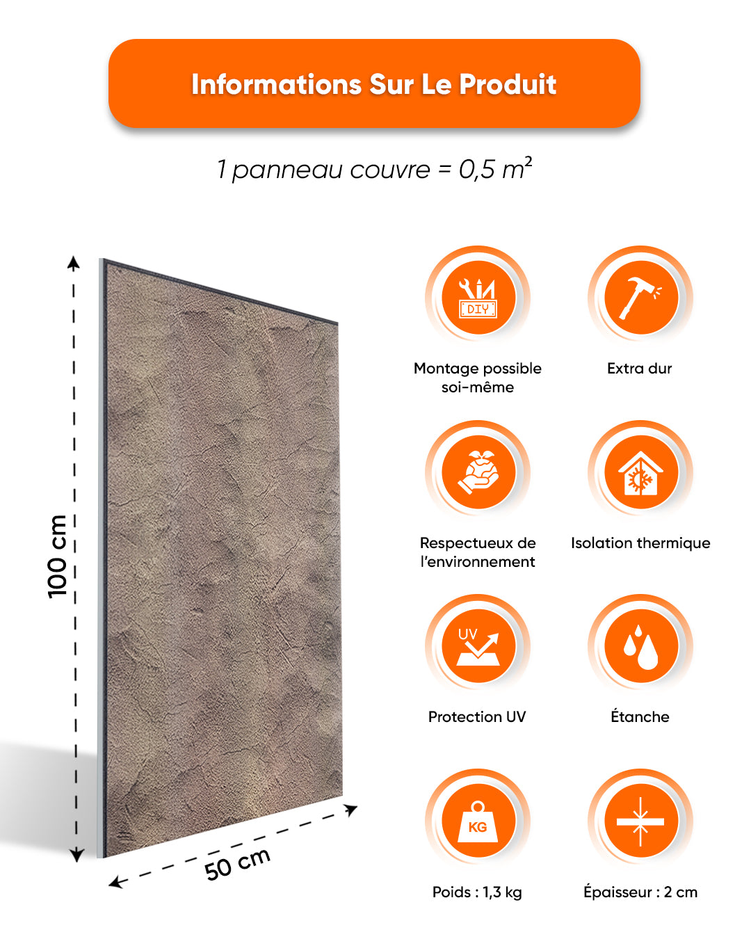 Revêtement mural effet béton 50×100×2 cm | Panneaux muraux 3D en polystyrène | Desert Concrete AT-25