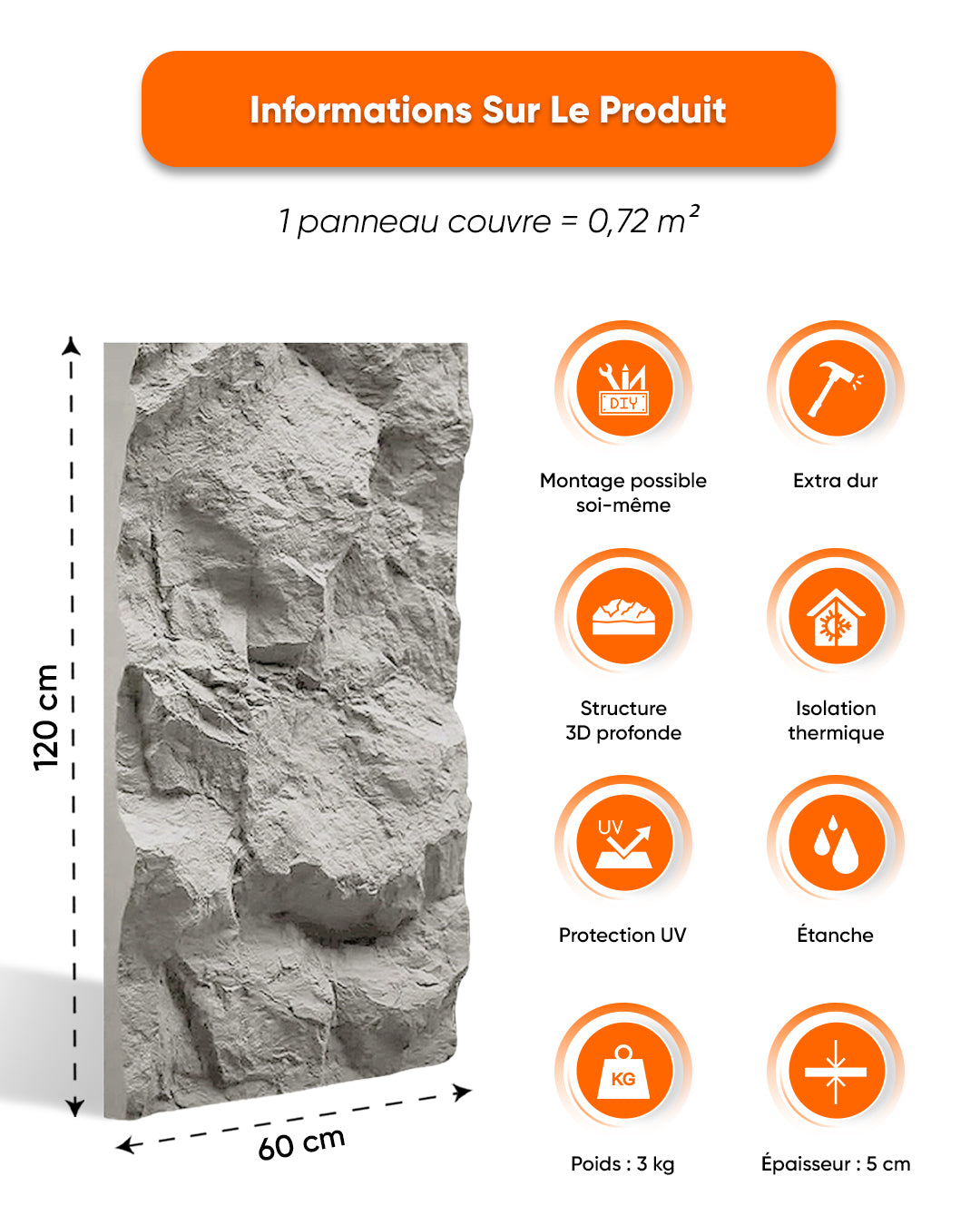 Panneaux Muraux 3D en Pierre Light Grey