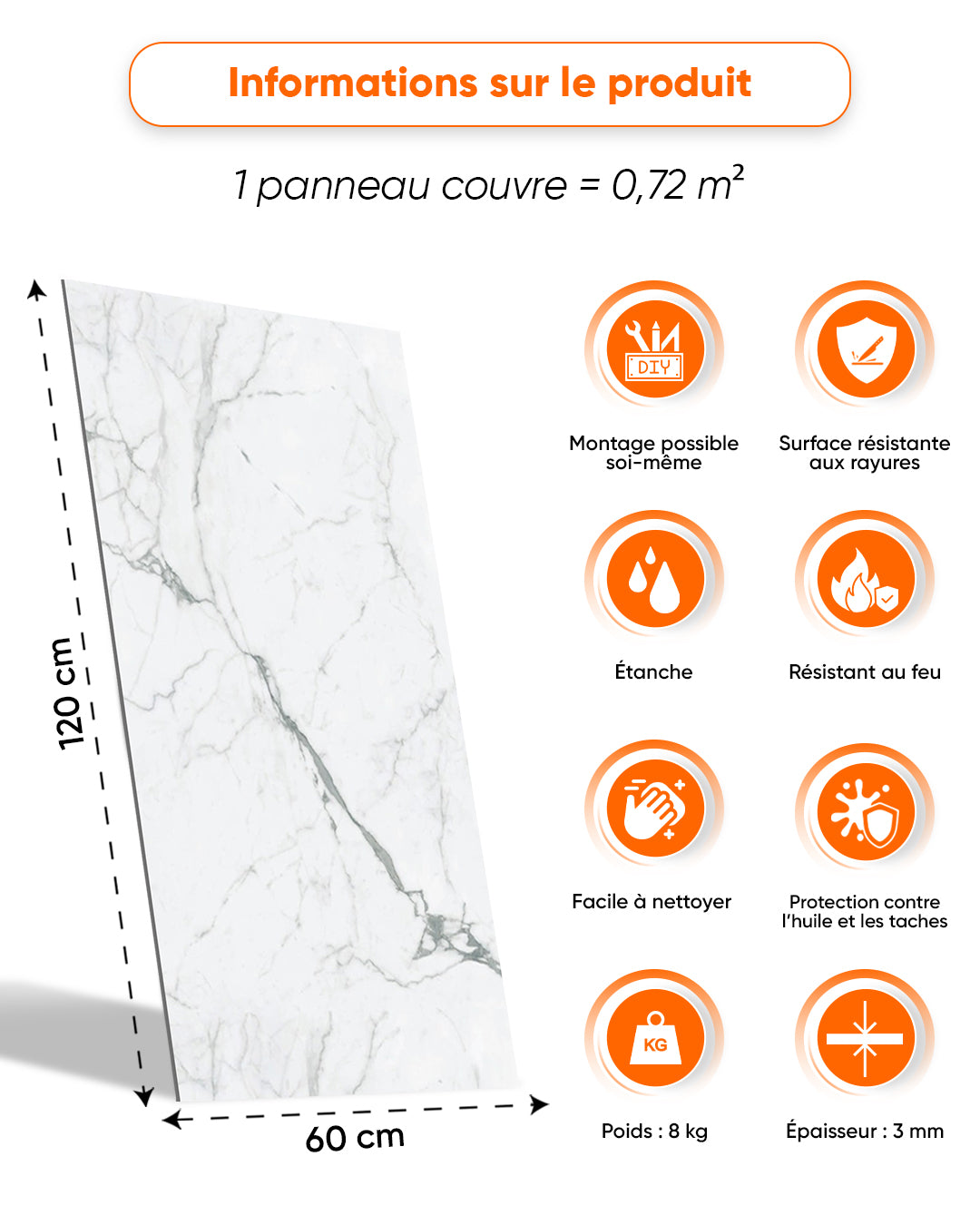 SPC Panneau Mural Blanc 60x120 cm – Carrara Marmor