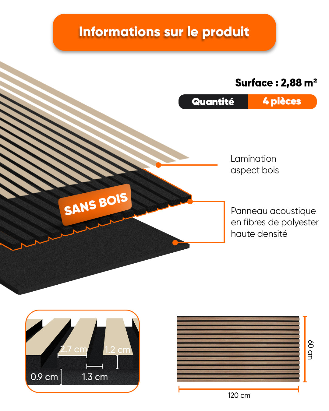 Panneaux Muraux Acoustiques en Feutrine – Set de 4 – 120×60×2,1 cm – Dark Walnut