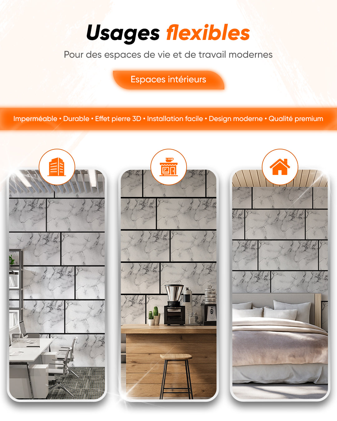 Revêtement mural aspect marbre 50×100×2 cm | Panneaux muraux 3D en polystyrène | Carrara Blanc AT-05