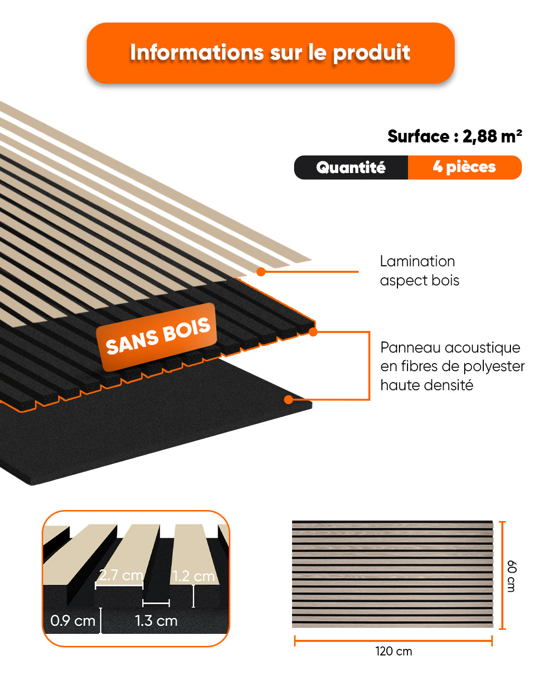 Panneaux Muraux Acoustiques en Feutrine – Set de 4 – 120×60×2,1 cm – Light Oak