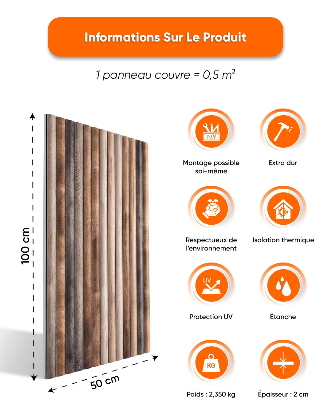 Revêtement mural effet bois 50×100×2 cm | Panneaux muraux 3D en polystyrène | Rustic Wood OP-02