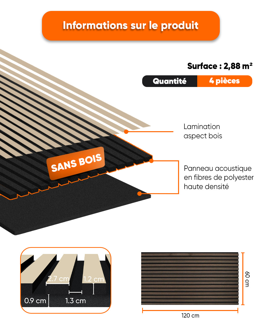 Panneaux Muraux Acoustiques en Feutrine – Set de 4 – 120×60×2,1 cm – Smoke Walnut