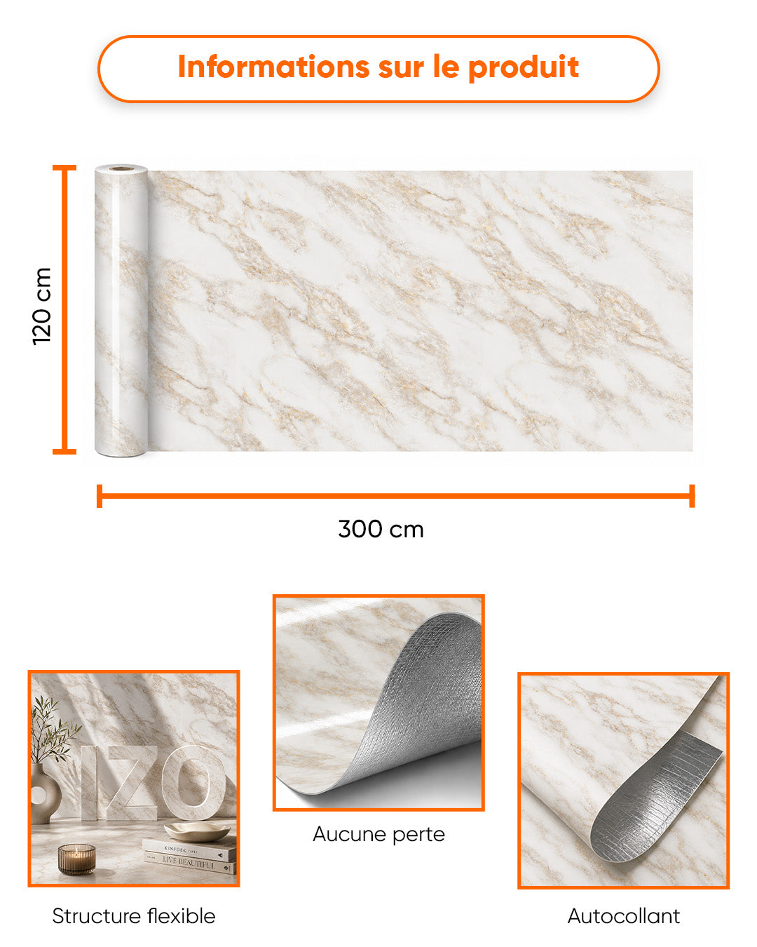 Revêtement mural effet marbre 120×300 cm - épaisseur 2,5 mm | Autocollant, flexible & enroulable | Gold Vein Marble
