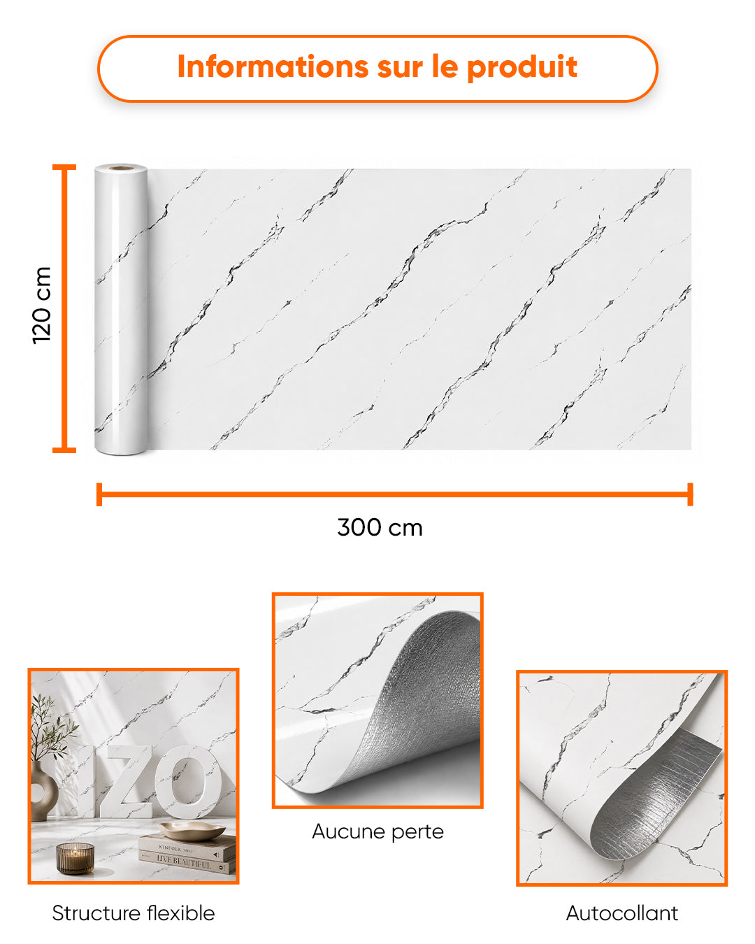 Revêtement mural effet marbre 120×300 cm - épaisseur 2,5 mm | Autocollant, flexible & enroulable | Silver Vein Marble