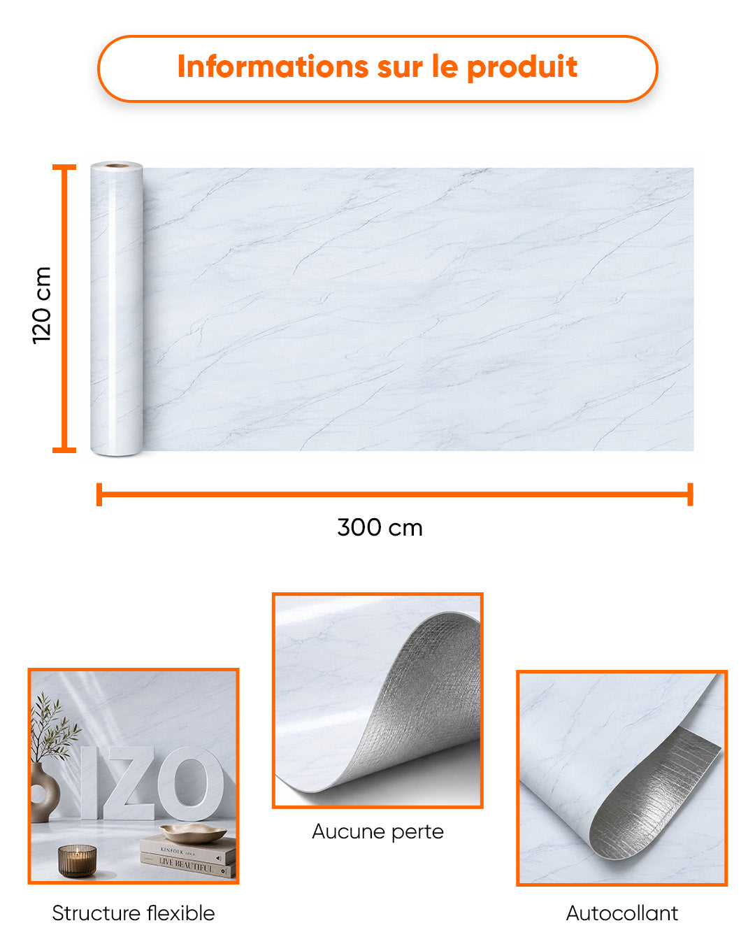 Revêtement mural effet marbre 120×300 cm - épaisseur 2,5 mm | Autocollant, flexible & enroulable | Arctic White Marble