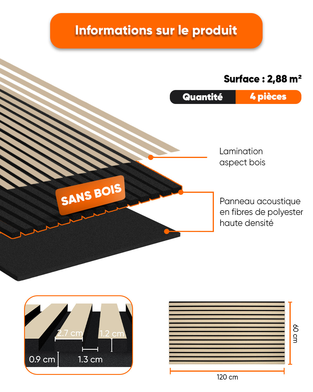 Panneaux Muraux Acoustiques en Feutrine – Set de 4 – 120×60×2,1 cm – White Oak